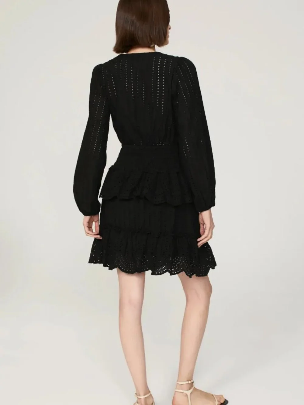 AREA STARS Lela Mini Dress Black Eyelet w/ Cutouts Deep V Tie Front Tiered MED